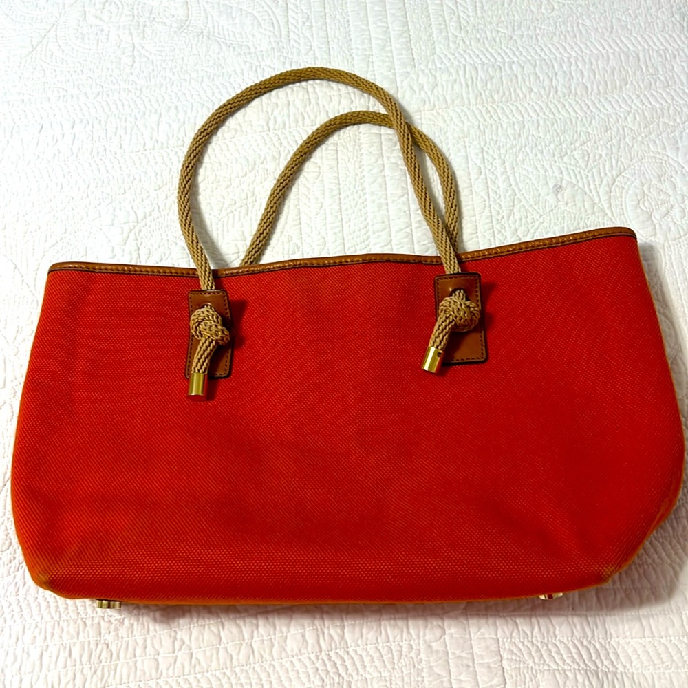 Michael Kors Tote Handbag. Monogram Burnt Orange Canvas Rope Straps Snap
